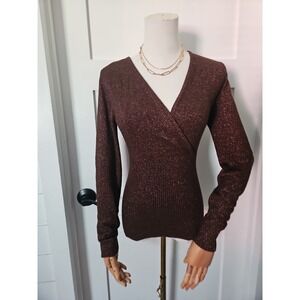 Caché Metallic Knit Top M Medium Bronze Brown Glitter Shimmer Wrap Sweater VTG